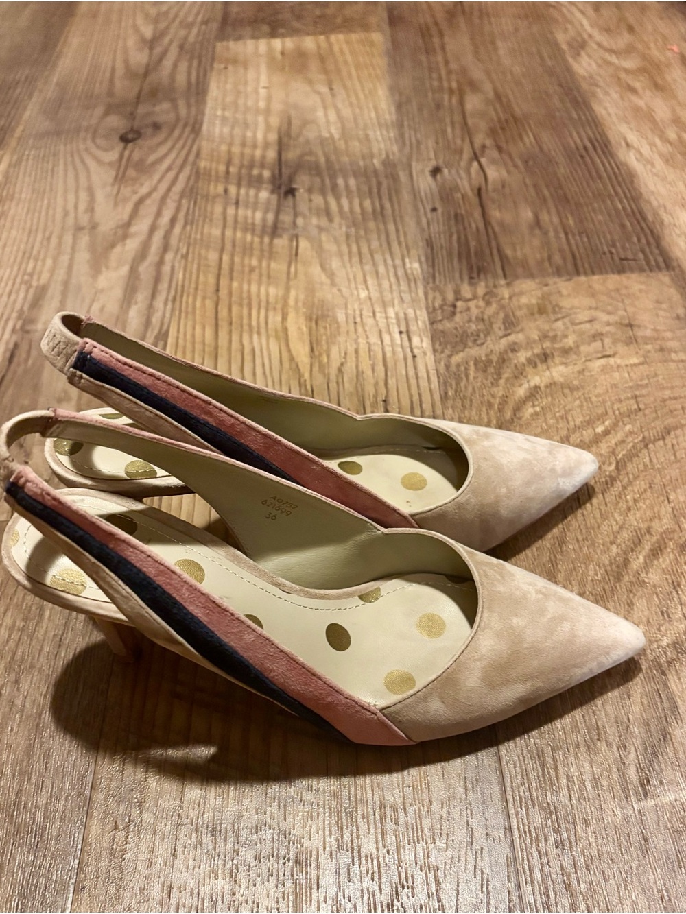 Boden Suede Pointed-Toe Slingback Heels in Beige w/ Pink & Navy Stripes Sz 5.5/6